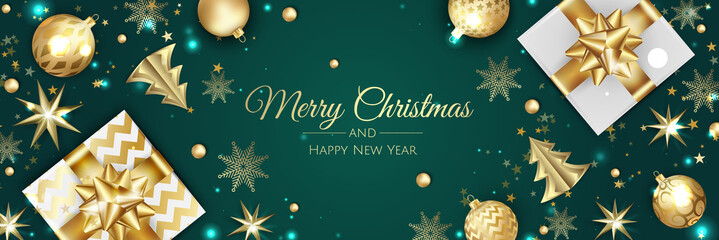 Fototapeta na wymiar Christmas vector background. Creative design greeting card, banner, poster. Top view gift box, xmas decoration balls and snowflakes.