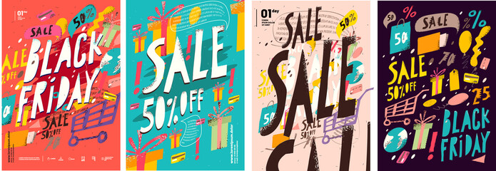 A set of vector posters.  Billboard and design elements. Ad, black Friday and sales.