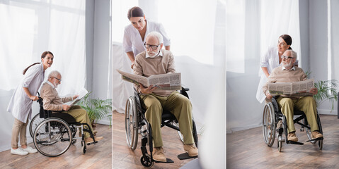 collage of emotional geriatric sister near aged disabled man reading newspaper in wheelchair, banner