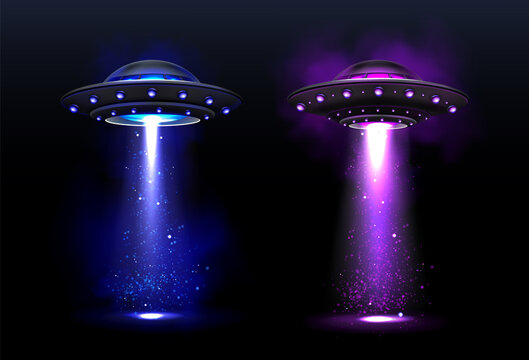 Alien spaceships, ufo with blue and purple light beam. Vector realistic illustration of futuristic flying saucer, unidentified round rocket. Clipart of galaxy spacecraft, glow rocketship