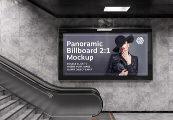 Panoramic Billboard on Subway Escalator Wall Mockup