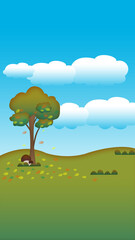 Tree with falling leaves, clouds on a blue sky, mushrooms under the tree, autumn background
