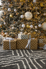 a lot of gifts near christmas tree. new year christmas concept, free space	