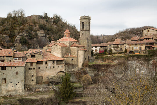 Beautiful view of a village Rupit located in Catalonia, Spain on a gloomy day