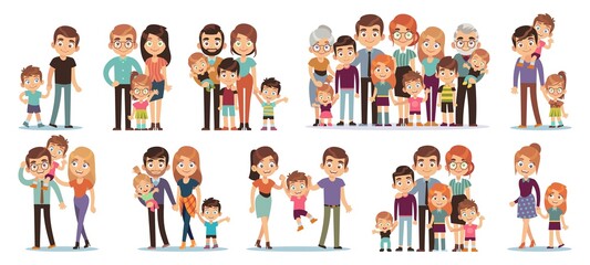 Cartoon family characters. Mother and father, son and daughter, grandparents and uncles, happy family people collection, relationships and parenthood concept, vector flat cartoon set
