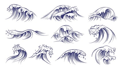 Ocean hand drawn waves. Sketch style sea storm blue water, curly foamy splashes, tsunami and tide vintage collection, surfing season decorative surge wave, vector marine isolated on white set - obrazy, fototapety, plakaty