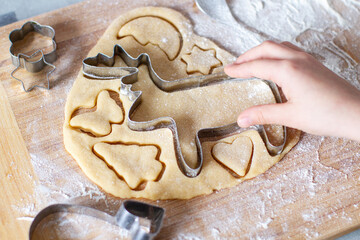 Child hands putting Christmas biscuits in various shapes on a tray, close up
