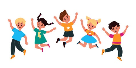 Kids jumping. Happy smiling children play and jump together, adorable active boys and girls group celebrate event, little friends have fun vector cartoon flat childhood concept