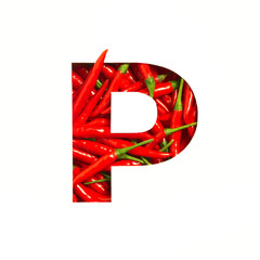 Letter P of English alphabet of hot red chili pepper and cut paper isolated on white. Font of spicy vegetables
