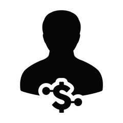 Income icon vector digital dollar currency with male user person profile avatar for digital wallet in a glyph pictogram illustration