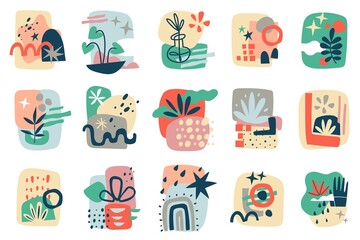 Abstract shapes collages. Contemporary doodles geometric forms compositions, hand drawn scribbles, leaves and flowers objects, modern background with primitive objects vector cartoon set