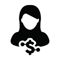 Money icon vector digital dollar currency with male user person profile avatar for digital wallet in a glyph pictogram illustration