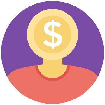 
Man With Coin Head Flat Vector Icon, Concept Of Man Obsessed About Money
