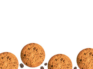 Oatmeal biscuits Top view photo with copy space Homemade cookies and coffee beans are lying on white backdrop