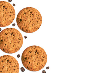 Oat cookie Top view photo with copy space Cookies with coffee beans on white background