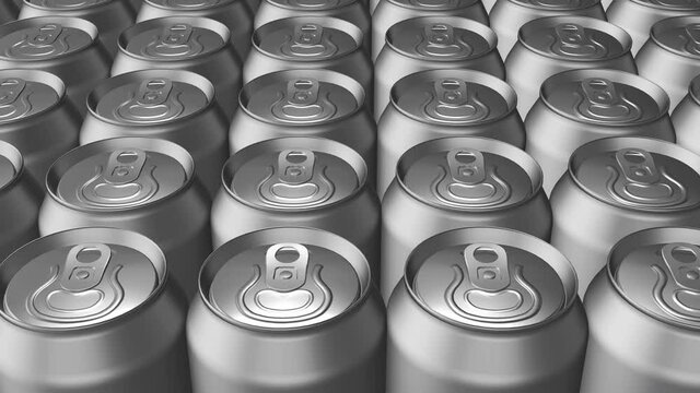 Camera moving over aluminum metal cans for drinks - beer or soda. Perfect background for beverage manufacturing and nutrition business. 3d seamless loopable animation
