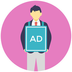 
Man holds a placard for advertisement, flat vector icon 
