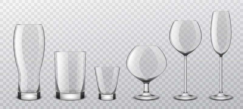 Alcoholic drinks realistic glass glasses. Realistic alcohol cocktail, wine stemware, beer goblet and strong drink shot. Empty utensils for liquids vector on transparent background set
