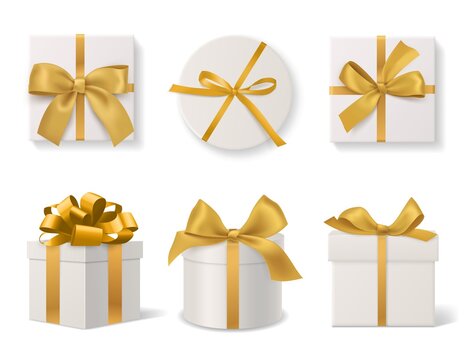 Realistic decorative gift boxes. 3d gifts white cardboard packaging templates, golden ribbons and bows top and side view, round and square wrapped presents. Vector isolated set