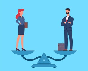 Gender equality. Man and woman in business suits standing on scales in balance, equal rights and pay, salary and fairness for both sexes, opportunities for employee vector flat concept