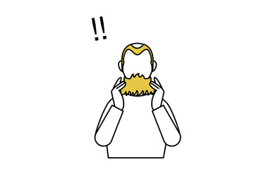 AGA　男性型脱毛症の男性のイラスト：カツラをかぶる