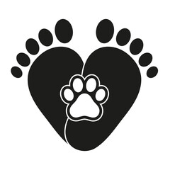 love for animals. human and dog footprints in the shape of a heart on a white background