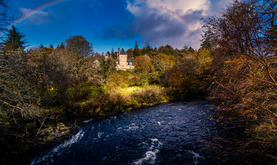 Fototapeta na wymiar Ardtornish House - Ardtornish Estate River flowing on an autumn day rainbow