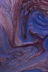 Blue and violet shimmer and glitter abstract background. Make up concept.Beautiful stains of liquid nail laquers.Fluid art,pour painting technique.Horizontal banner,can be used as backdrop for chat.