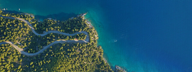 Aerial drone ultra wide top down panoramic photo of curvy snake road crossing through vegetated...