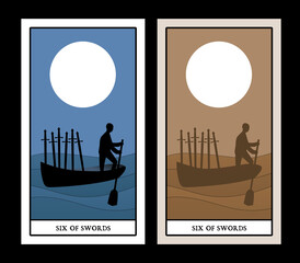 Six of swords. Silhouette of person rowing in the distance, in a boat on the sea, carrying six swords..