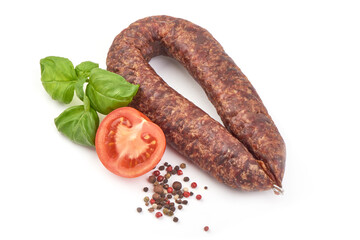 Smoked salami sausage, isolated on white background