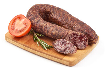 Smoked salami sausage, isolated on white background