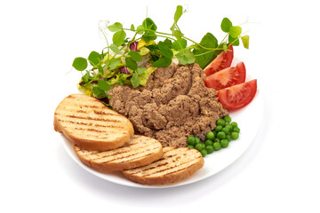 Plate of homemade liver pate, close-up, isolated on white background