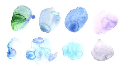 Set of blue hand drawn watercolor drops