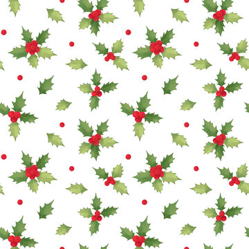 Watercolor Christmas Seamless pattern with holly. Winter background with red berries and green foliage. Perfect for wrapping paper, fabric, textile, invitations, packing