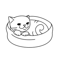 The cat lies in a round bed. Vector outline illustration.