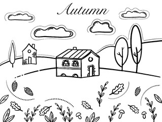 Autumn landscape, linear drawing. Autumn leaves falling
