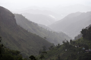 Ella Sri Lanka mountain gap landscape misty early morning view across valley