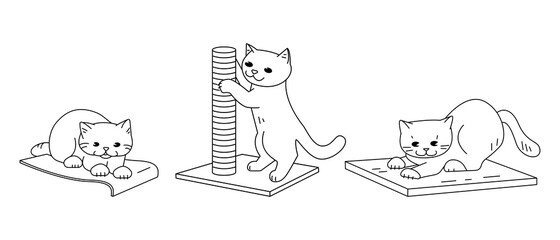 Set of vector outline illustrations. Cats and scratching posts.