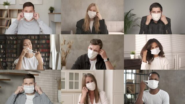 Happy friends take off medical mask during virtual meeting. Webcam view. End of the pandemic. Group video call. Computer screen collage. Remote communication. Online chat conference. Close up portrait