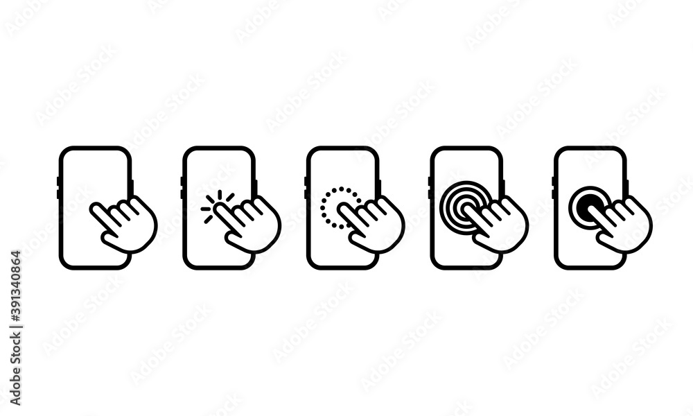 Poster hand touch screen smartphone icon. smartphone screen with clicking finger. cursor icon vector. hand 