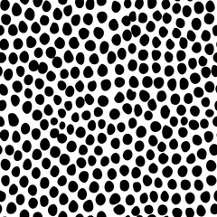 Dots or spots pattern. Seamless texture background. Trendy irregular design. Painted brush strokes drops. Chaotic hand drawn tile. Abstract art fashionable fabric. Vector black and white textile.