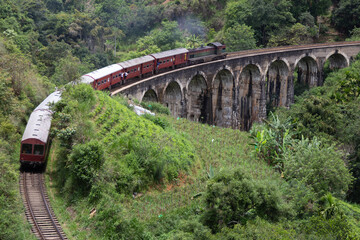 Fototapeta na wymiar Ella Sri Lanka 4.15.2018 the 9 arch Demodara Railway Bridge with train