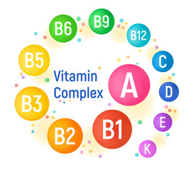 Colorful vitamin complex with glossy balls for infographics, science articles, medicine and health magazines. Colored vector illustration