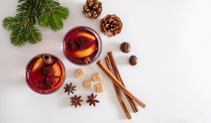 Mulled wine, Christmas hot drink in cups on white background