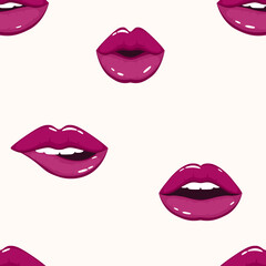 Cosmetics and makeup seamless pattern. Closeup beautiful lips of woman with red lipstick. Sexy lip make-up. Open mouth. Sweet kiss. Seamless pattern in pop style