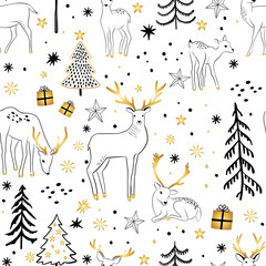 Beautiful christmas seamless pattern with gorgeous deers and snowflake. Amazing winter holiday wallpaper for your design. Vector illustration. - 391342280