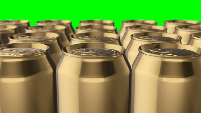 Camera moving over aluminum metal cans for drinks - beer or soda. Perfect background for beverage manufacturing and nutrition business. 3d seamless loopable animation
