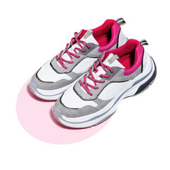 High angle view of a sport shoes on the pink circle confetti background. Reducing weight, getting fit and healthy life style concept. Sport or running theme.