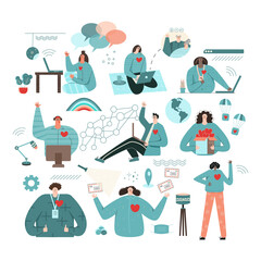 Virtual volunteer opportunities concept. Set places to charity online flat vector illustration. Global international community support people in need. Teamwork volunteering, support and aid for human